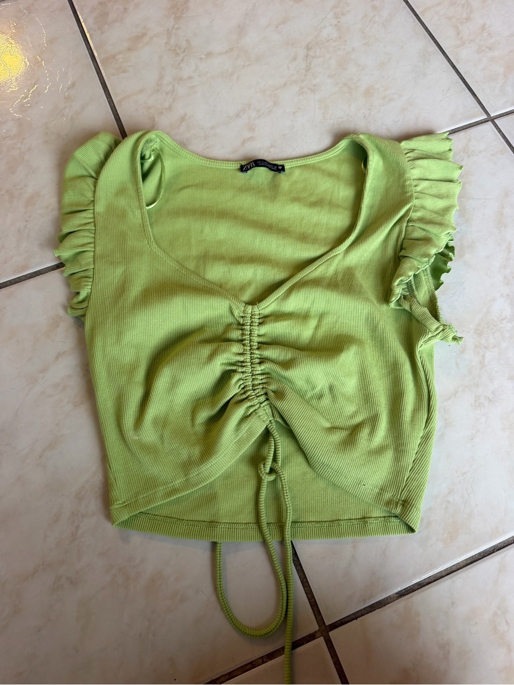 Zara Lime Green Ruched Drawstring Crop Top with Ruffled Sleeves